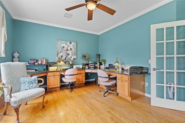 1619 Five Mile Ln Rd, Penfield, NY 14526 - office space with a ceiling fan, crown molding, light wood finished floors, and built in desk