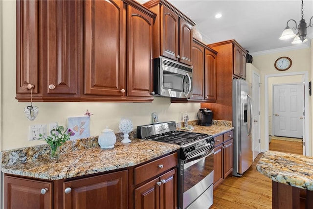 1619 Five Mile Ln Rd, Penfield, NY 14526 - kitchen with appliances with stainless steel finishes, light wood-style flooring, ornamental molding, light stone countertops, and a chandelier