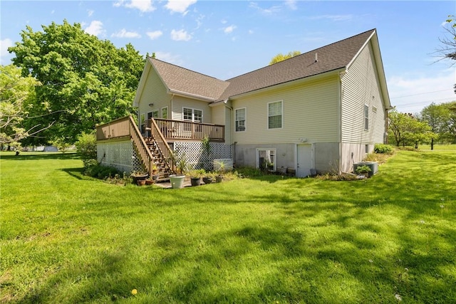 1619 Five Mile Ln Rd, Penfield, NY 14526 - rear view of house featuring stairs, a deck, a yard, and central AC