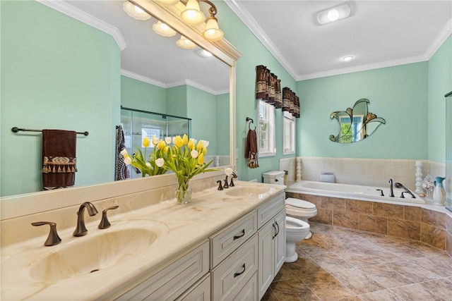 1619 Five Mile Ln Rd, Penfield, NY 14526 - full bath featuring toilet, a garden tub, double vanity, a shower stall, and ornamental molding