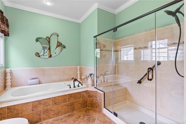 1619 Five Mile Ln Rd, Penfield, NY 14526 - full bathroom with a bath, a shower stall, and ornamental molding