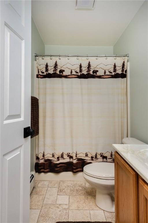 2208 Davis Rd, Corning, NY 14830 - bathroom featuring toilet, vanity, a baseboard radiator, and vaulted ceiling