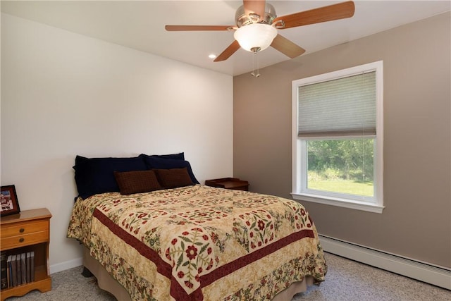 2208 Davis Rd, Corning, NY 14830 - carpeted bedroom featuring a baseboard radiator, recessed lighting, ceiling fan, and baseboards