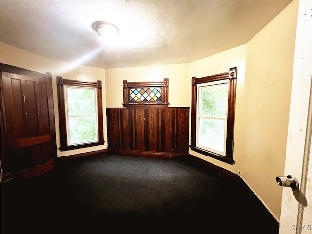 308 Rowland St, Syracuse, NY 13204 - spare room with a wainscoted wall, dark carpet, wooden walls, and baseboards