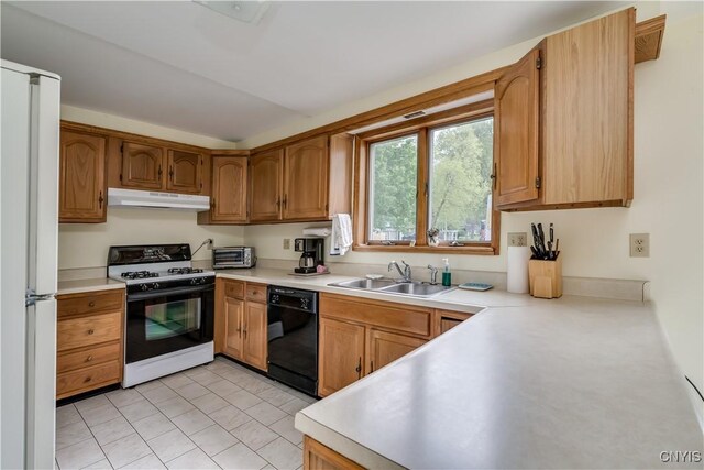 485 E Joseph St, Cape Vincent, NY 13618 - kitchen with gas stove, black dishwasher, a sink, under cabinet range hood, and white fridge