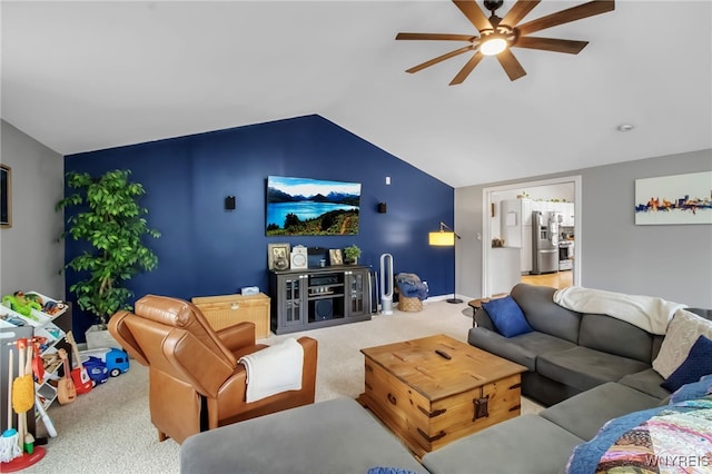 47 Acacia Dr, Amherst, NY 14228 - living room with carpet flooring, a ceiling fan, lofted ceiling, and baseboards