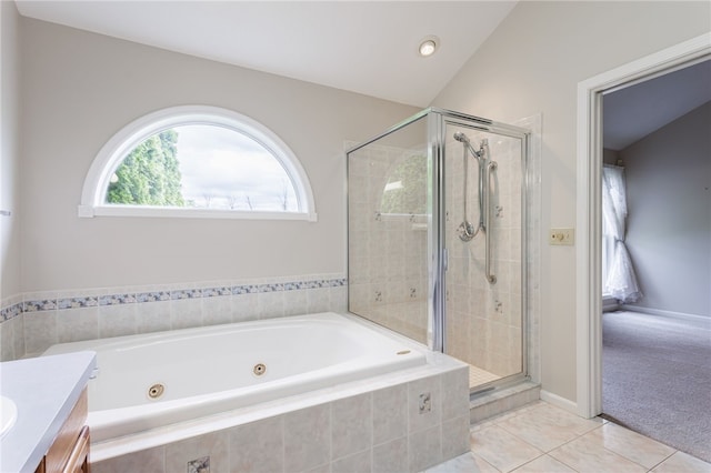 15 Stag Creek Trl, Clarkson, NY 14420 - full bathroom with a stall shower, a whirlpool tub, tile patterned flooring, and vanity