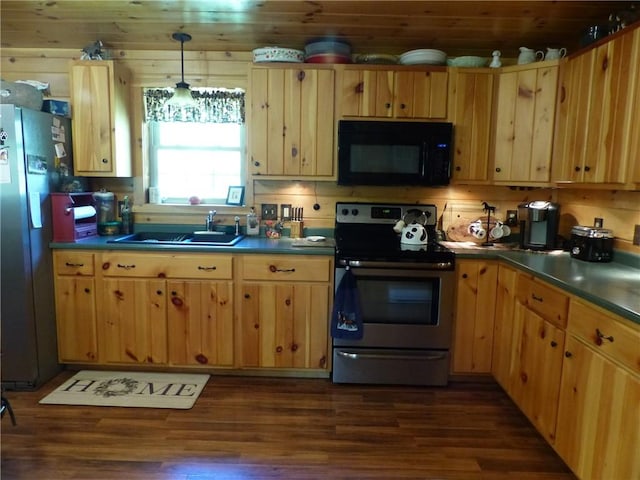 2693 Pulver Rd, Italy, NY 14418 - kitchen with stainless steel electric stove, black microwave, dark wood-style flooring, a sink, and light brown cabinets