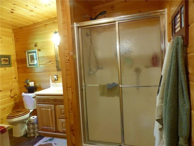 2693 Pulver Rd, Italy, NY 14418 - full bath featuring a stall shower, vanity, wood walls, toilet, and wooden ceiling