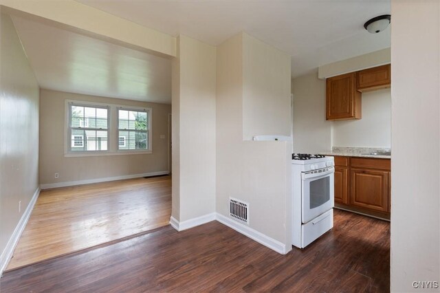 508 W Brighton Ave, Syracuse, NY 13205 - kitchen featuring white gas range, dark wood finished floors, brown cabinetry, and light countertops