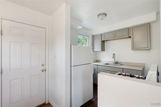 508 W Brighton Ave, Syracuse, NY 13205 - kitchen with freestanding refrigerator, a sink, gray cabinetry, and dark wood-style flooring