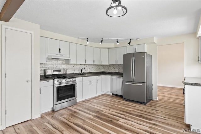 307 Wadsworth Ct, Tonawanda-City, NY 14150 - kitchen with stainless steel appliances, dark countertops, a sink, under cabinet range hood, and light wood-style flooring