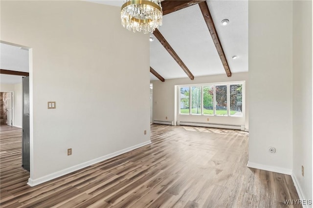 307 Wadsworth Ct, Tonawanda-City, NY 14150 - unfurnished living room with a baseboard radiator, a chandelier, wood finished floors, baseboards, and recessed lighting