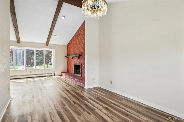 307 Wadsworth Ct, Tonawanda-City, NY 14150 - unfurnished living room featuring a baseboard radiator, wood finished floors, a chandelier, a fireplace, and baseboards