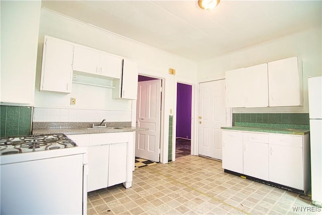 587 Goodyear Ave, Buffalo, NY 14211 - kitchen featuring white cabinets, a sink, tasteful backsplash, crown molding, and light floors