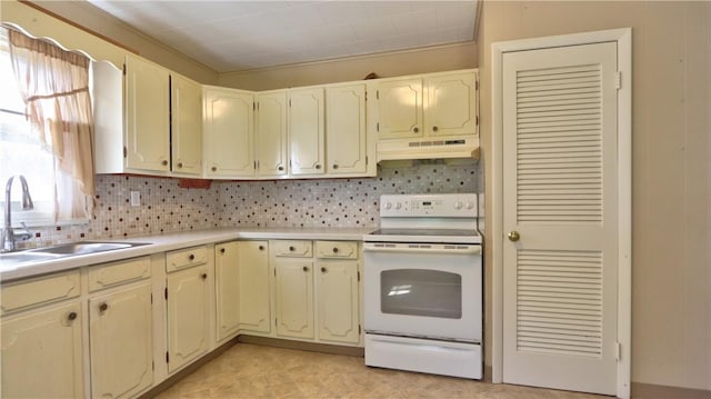 15 Wycliffe Rd, Waterloo, NY 13165 - kitchen featuring electric range, under cabinet range hood, a sink, light countertops, and tasteful backsplash