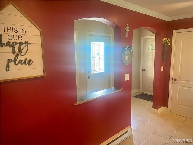 80 Sunnydale Ave, Wellsville, NY 14895 - hallway featuring arched walkways, ornamental molding, and light tile patterned floors