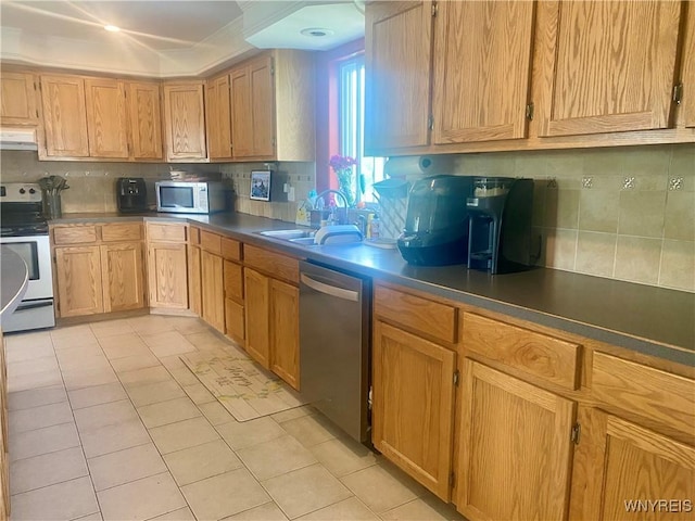 80 Sunnydale Ave, Wellsville, NY 14895 - kitchen featuring appliances with stainless steel finishes, decorative backsplash, ventilation hood, and light tile patterned flooring