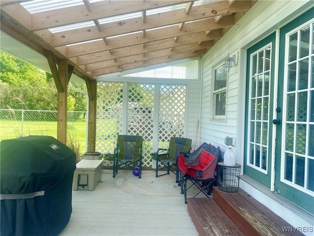 80 Sunnydale Ave, Wellsville, NY 14895 - wooden deck with area for grilling, french doors, and a pergola