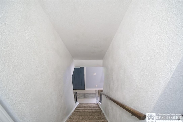 10595 Linwood Dr, Dunkirk-Town, NY 14048 - stairs featuring a textured wall, baseboards, and carpet floors