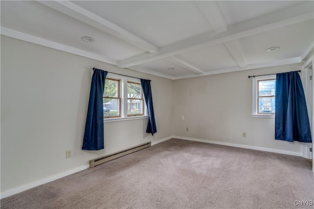 152 Leray St, Le Ray, NY 13612 - carpeted empty room featuring baseboard heating, beam ceiling, and baseboards