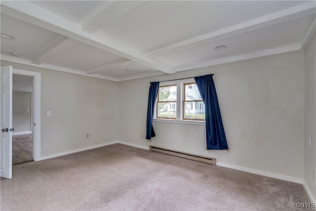 152 Leray St, Le Ray, NY 13612 - spare room with a baseboard heating unit, carpet floors, beamed ceiling, and baseboards