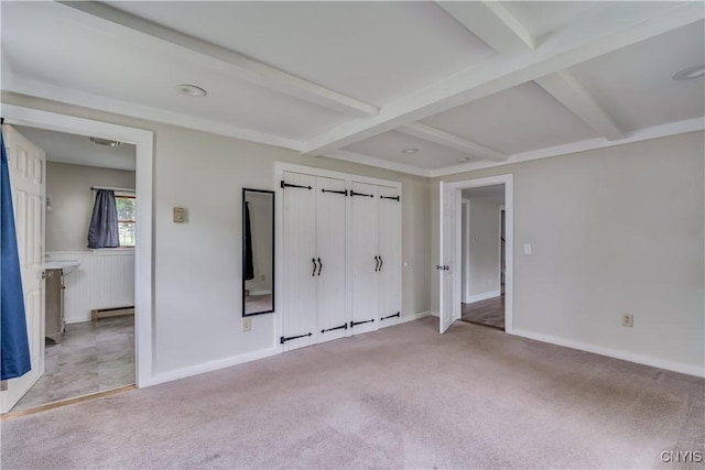 152 Leray St, Le Ray, NY 13612 - unfurnished bedroom featuring beamed ceiling, carpet floors, and baseboards