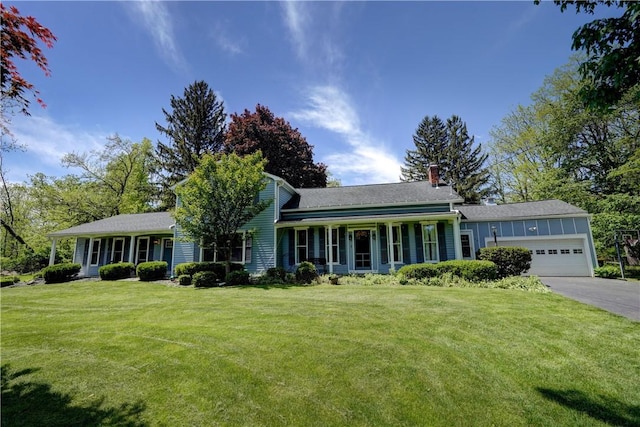 37 York St, Mendon, NY 14472 - view of front facade with a chimney, a garage, a front lawn, and concrete driveway