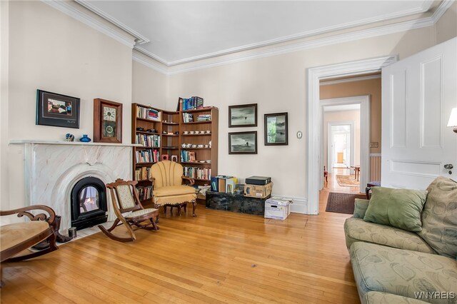 41 Irving Pl, Buffalo, NY 14201 - living area featuring ornamental molding, light wood-style floors, and a premium fireplace