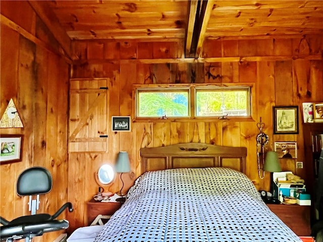 620 Ullas Way, Davenport, NY 13750 - bedroom featuring wood ceiling with exposed beams and wood walls