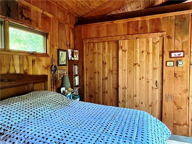 620 Ullas Way, Davenport, NY 13750 - bedroom featuring wood ceiling, wooden walls, and vaulted ceiling