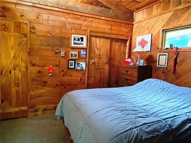 620 Ullas Way, Davenport, NY 13750 - carpeted bedroom with wooden ceiling, lofted ceiling, and wooden walls