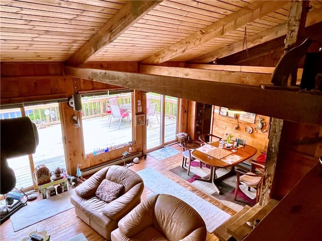 620 Ullas Way, Davenport, NY 13750 - living area with wooden ceiling, wooden walls, wood finished floors, and a baseboard heating unit