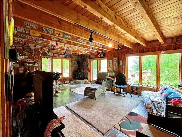 620 Ullas Way, Davenport, NY 13750 - living room with wood ceiling with exposed beams, a wood stove, plenty of natural light, and wood walls