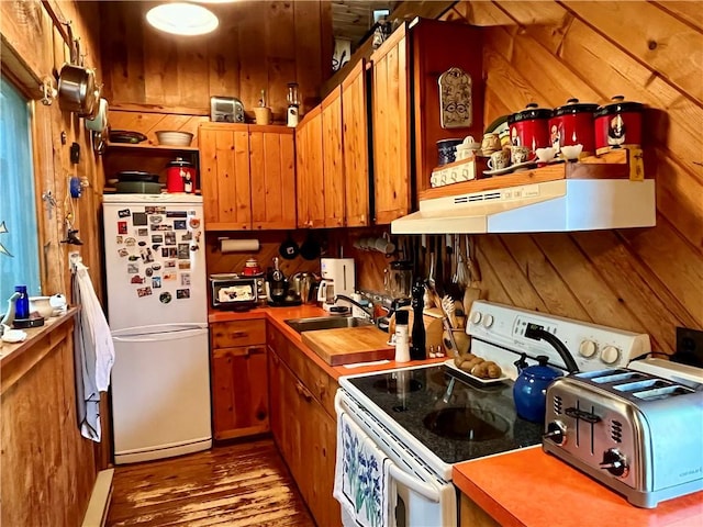620 Ullas Way, Davenport, NY 13750 - kitchen with white appliances, under cabinet range hood, a sink, light wood-style floors, and open shelves