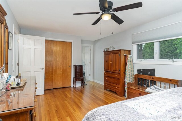 310 Wedgewood Ter, Dewitt, NY 13214 - bedroom with light wood finished floors, a closet, ceiling fan, and baseboards