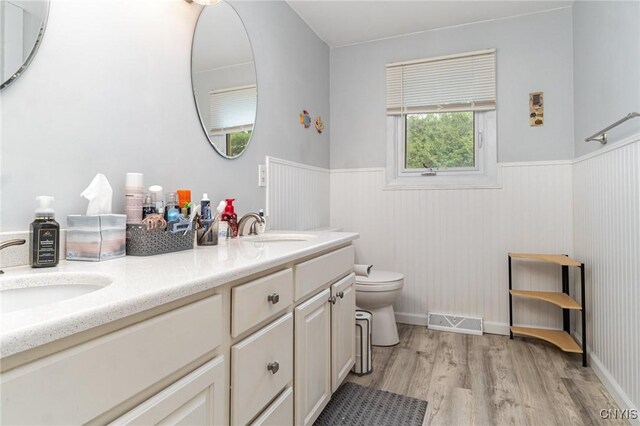 310 Wedgewood Ter, Dewitt, NY 13214 - bathroom with toilet, wood finished floors, a wainscoted wall, and double vanity