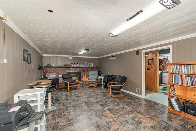 310 Wedgewood Ter, Dewitt, NY 13214 - office featuring crown molding, wooden walls, stone finish floors, and a fireplace
