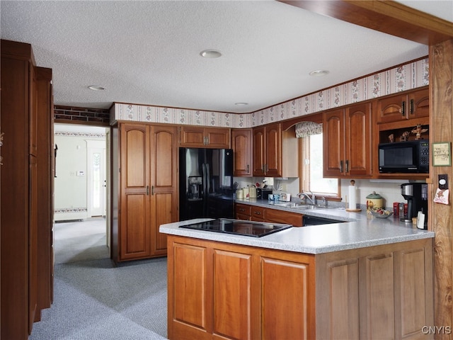916 State St, Wilna, NY 13619 - kitchen featuring black appliances, a sink, light countertops, a peninsula, and a textured ceiling