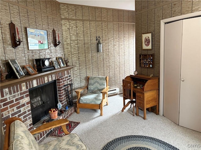 74 Eaton St, Hamilton, NY 13346 - sitting room featuring carpet, a fireplace, and a baseboard heating unit