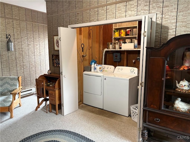 74 Eaton St, Hamilton, NY 13346 - laundry area featuring washing machine and clothes dryer, a baseboard radiator, and wallpapered walls