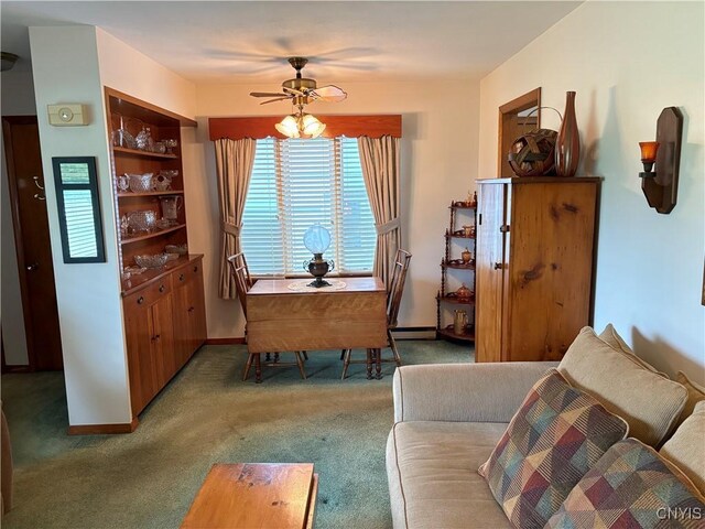 74 Eaton St, Hamilton, NY 13346 - dining room with carpet, ceiling fan, a baseboard heating unit, and baseboards