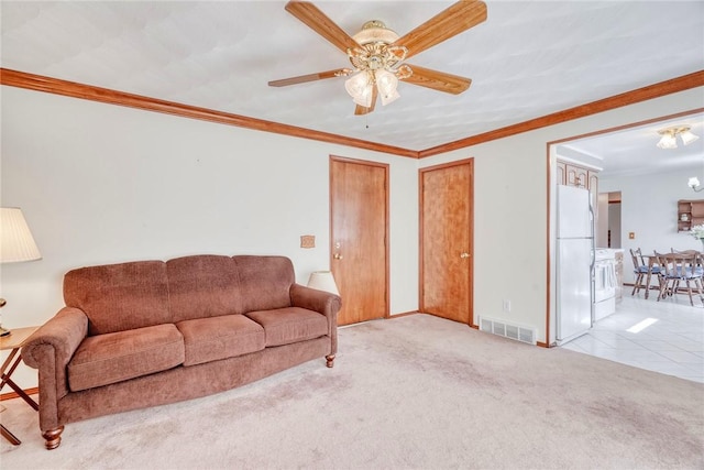173 Dorian Ln, Greece, NY 14626 - living area featuring carpet, ornamental molding, a ceiling fan, and baseboards