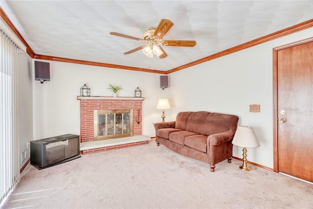 173 Dorian Ln, Greece, NY 14626 - carpeted living room featuring a ceiling fan, crown molding, a brick fireplace, and baseboards