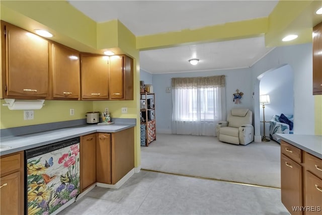 84 Newfield St, Buffalo, NY 14207 - kitchen with dishwashing machine, light carpet, open floor plan, and light countertops