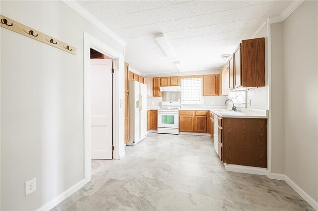 1184 Osband Ave, Macedon, NY 14502 - kitchen with white appliances, crown molding, under cabinet range hood, light countertops, and baseboards