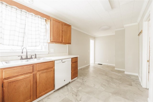 1184 Osband Ave, Macedon, NY 14502 - kitchen with dishwasher, a sink, ornamental molding, light countertops, and light marble finish floors