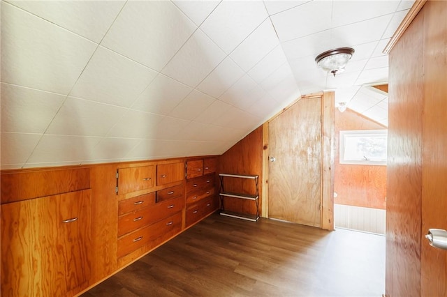 1184 Osband Ave, Macedon, NY 14502 - additional living space with dark wood-style flooring, vaulted ceiling, and wood walls