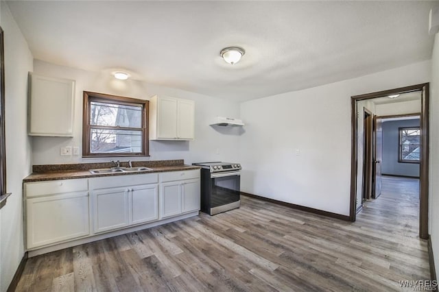 417 24th St, Niagara Falls, NY 14303 - kitchen featuring stainless steel electric range oven, a sink, dark countertops, light wood finished floors, and baseboards