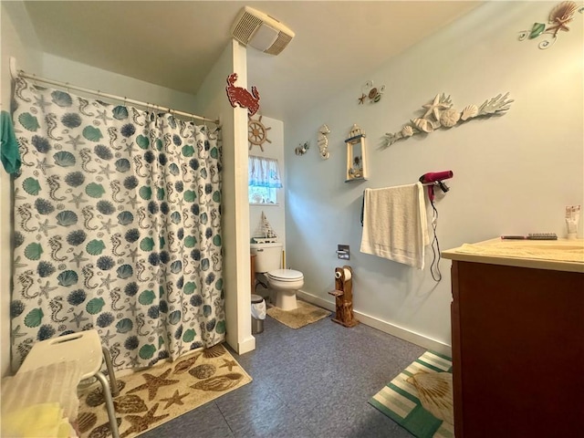 405 County Highway 12, Laurens, NY 13796 - bathroom featuring toilet, vanity, a shower with curtain, and baseboards